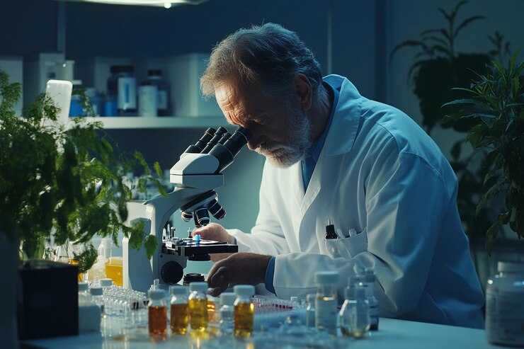 Científico examinando muestras bajo microscopio en laboratorio por la noche IA generativa