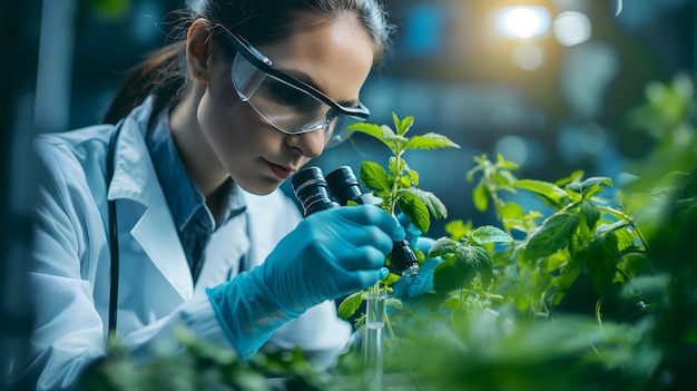 Foto científico examinando muestras de plantas en laboratorio