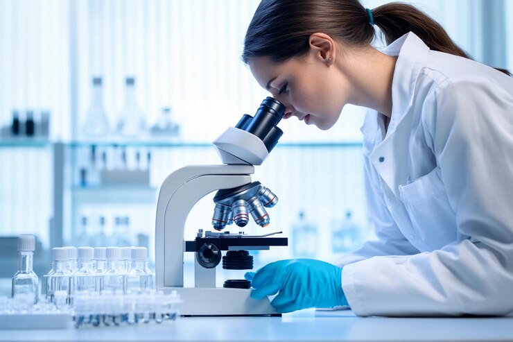 Científico examinando muestras a través de un microscopio en un entorno de laboratorio moderno IA generativa