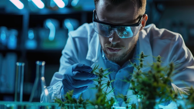 Científico examinando plantas de cannabis en un entorno de laboratorio controlado
