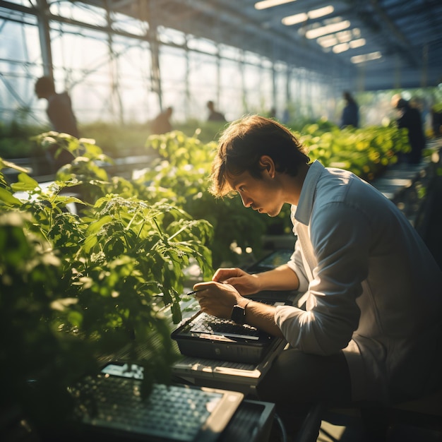 Científico examinando plantas en un invernadero
