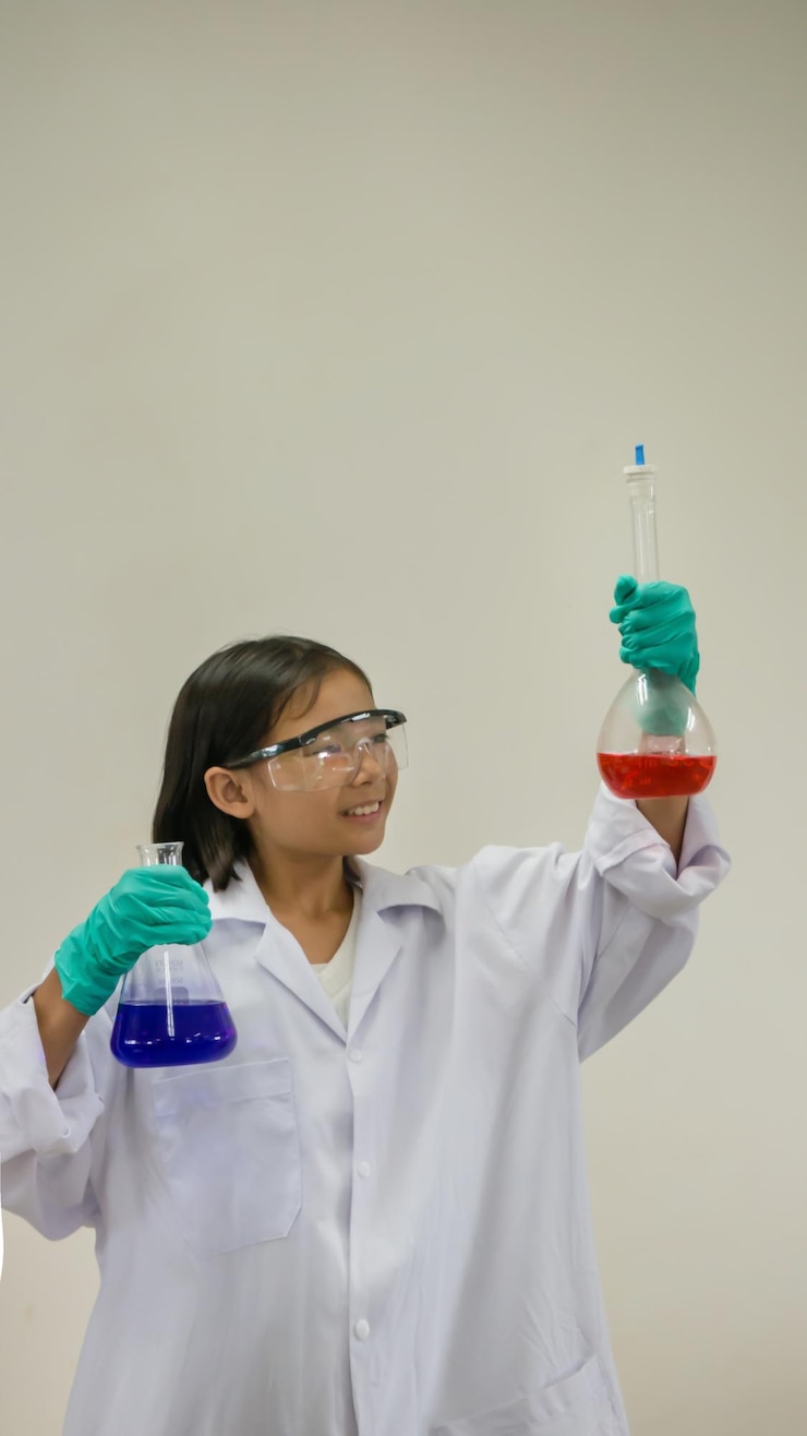 Foto científico examinando una sustancia química mientras está de pie contra la pared