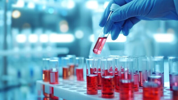 Científico examinando un tubo de ensayo rojo en un laboratorio