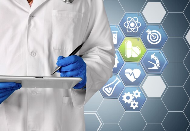 Científico farmacéutico e ilustración biomédica.