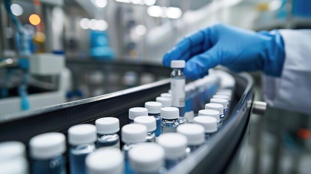 Foto científico farmacéutico con guantes sanitarios examinando viales médicos en una línea de producción.