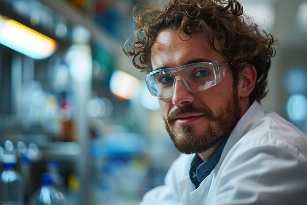 Foto científico feliz usando gafas de protección en el laboratorio