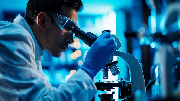 Foto científico con gafas y guantes protectores mientras mira a través de un microscopio en un laboratorio