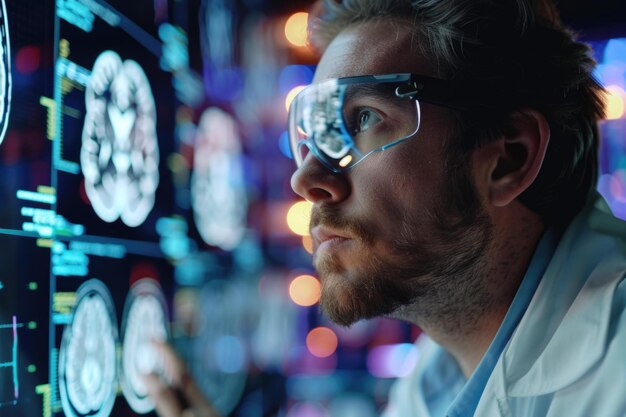 Científico con gafas mirando una pantalla con datos médicos del cerebro