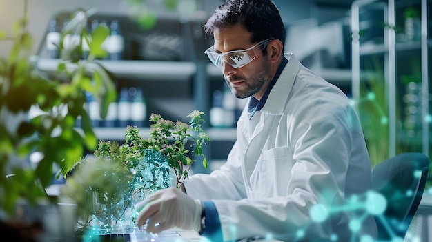 Un científico con gafas de protección examina cuidadosamente una muestra de planta en un laboratorio