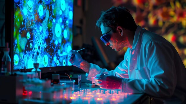 Científico con gafas de protección trabaja en un laboratorio con poca luz. Está usando una pipeta para transferir un líquido a un tubo de ensayo.