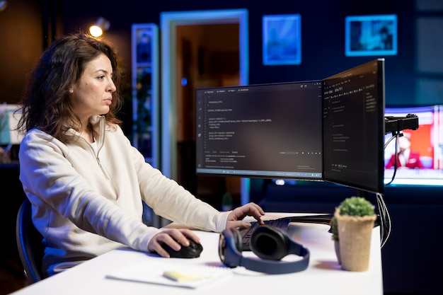 Científico informático haciendo depuración de software en la PC en casa