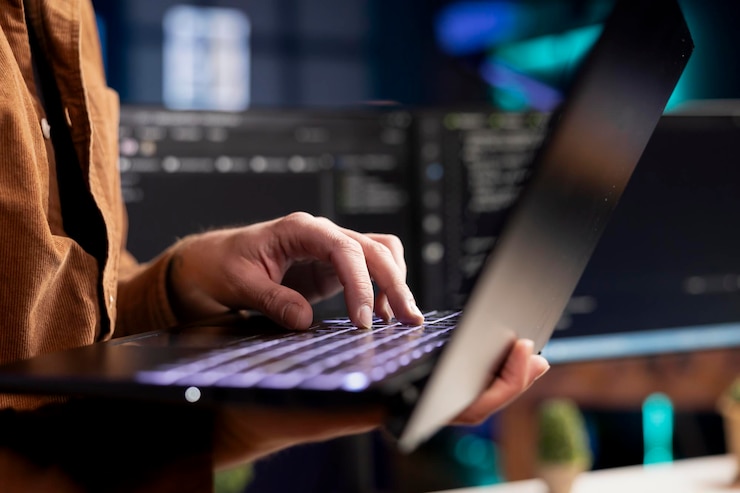 Foto científico informático que trabaja desde casa usando una computadora portátil comprobando el código mostrado en la pc