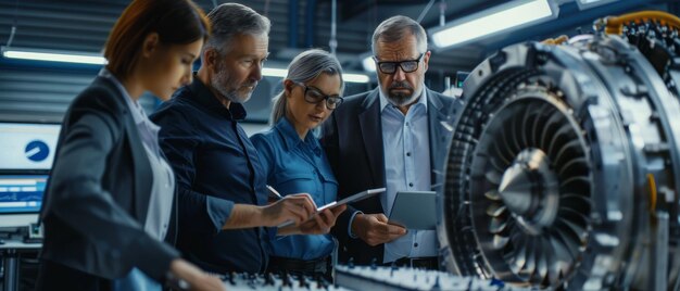 Foto científico ingeniero y gerente de proyecto en un laboratorio de tecnología científica junto con tabletas y computadoras portátiles trabajando en un nuevo diseño de motor de turbina eléctrica