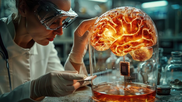Científico innovador examina un modelo de cerebro brillante en el laboratorio