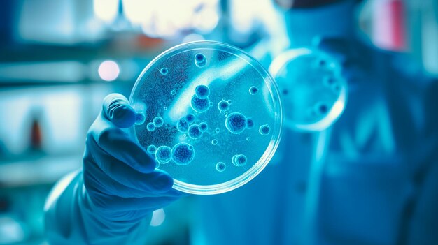 Foto científico de investigación de laboratorio y concepto de ciencia sosteniendo una taza de petria