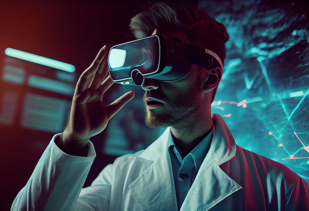 Científico de investigación de laboratorio de investigación médica futurista con auriculares de realidad virtual lo hace