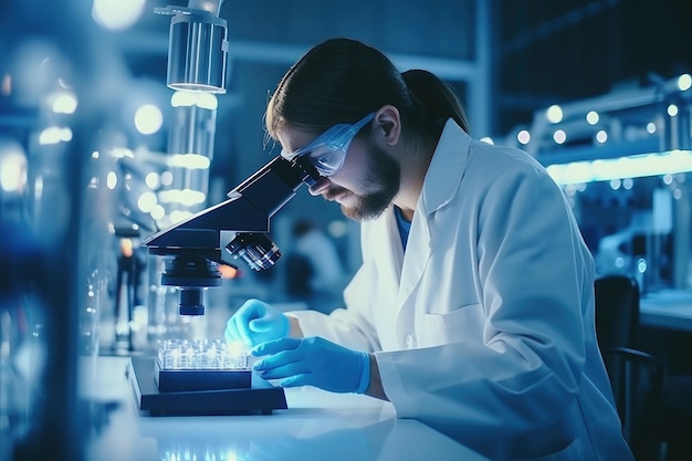 Científico investigador usando el microscopio en el laboratorio.