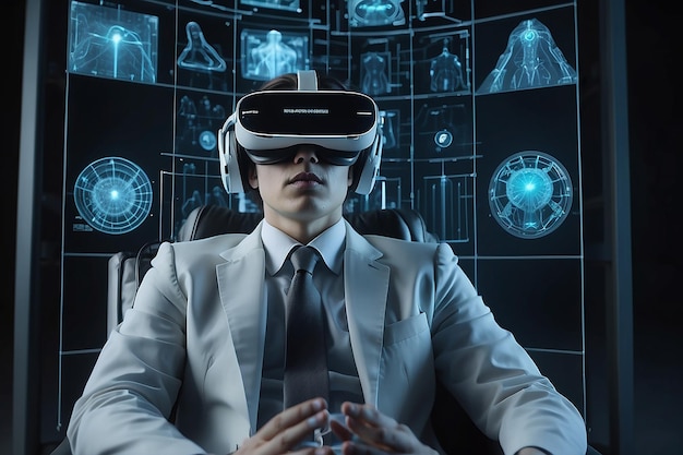 Científico de laboratorio en auriculares de realidad virtual con interfaz holográfica futurista para el estudio del cerebro Centro de Investigación Neurológica