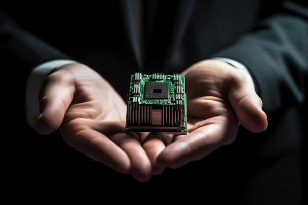El científico de laboratorio de IA generativa tiene un chip de microprocesador moderno en la mano Laboratorio científico