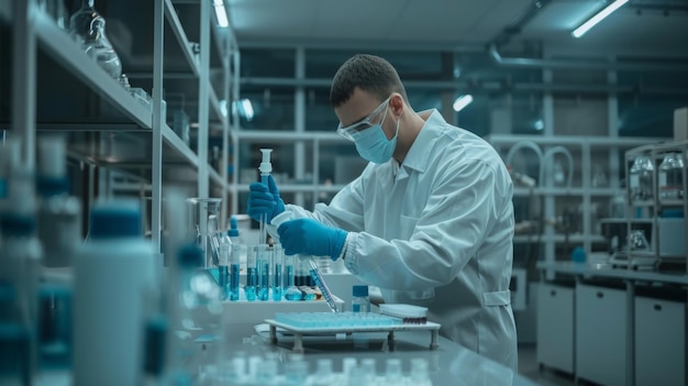 un científico en un laboratorio con una máscara azul