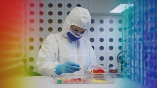 Un científico en un laboratorio que usa un traje protector y una máscara protectora trabaja en un laboratorio.