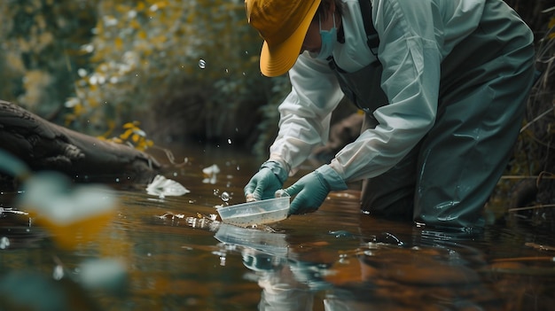 Un científico liberando peces en un ecosistema fluvial rehabilitado para restaurar la biodiversidad