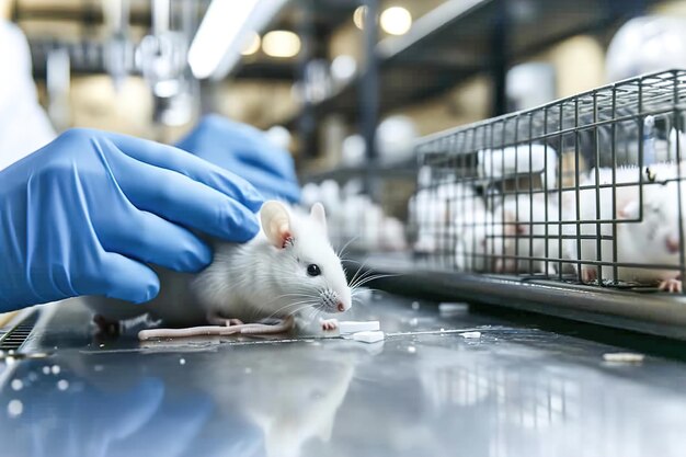 Un científico lleva a cabo experimentos médicos en ratones blancos Experimentos de laboratorio con animales