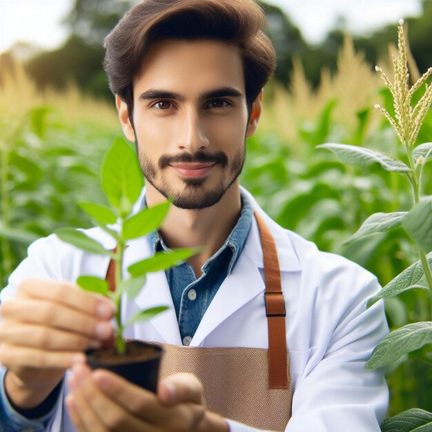 Foto científico con la mano sosteniendo una plántula y un microscopio concepto de ciencia y biotecnología