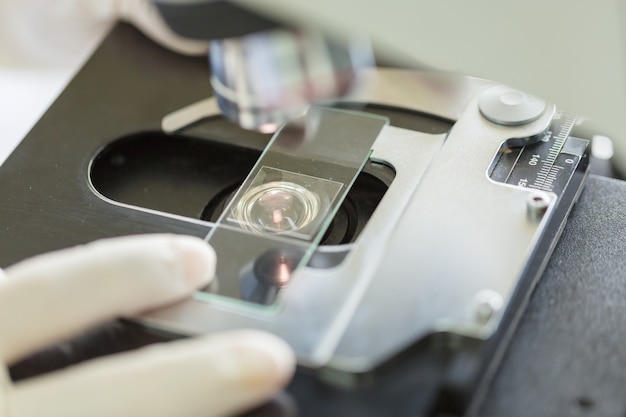 Foto científico manos con microscopio, examen de muestras, concepto de ciencia y tecnología