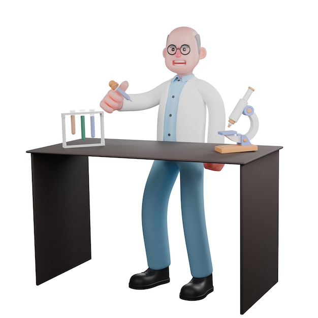 Un científico masculino está de pie detrás de una mesa de laboratorio sosteniendo un gotero en su mano izquierda