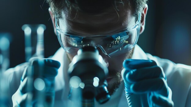 Científico masculino con gafas de protección mirando a través de un microscopio en un laboratorio