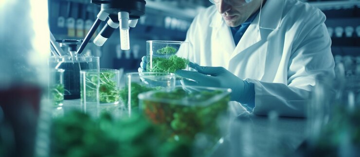 Científico masculino guapo que trabaja en el laboratorio y examina muestras de bioquímica Ciencia y tecnología investigación y desarrollo concepto generativo ai