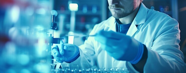 Científico masculino guapo que trabaja en el laboratorio y examina muestras de bioquímica Ciencia y tecnología investigación y desarrollo concepto generativo ai
