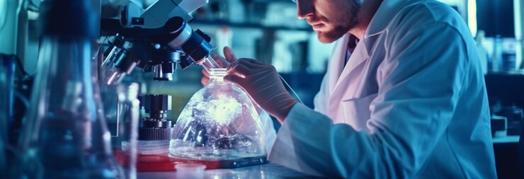 Científico masculino guapo que trabaja en el laboratorio y examina muestras de bioquímica Ciencia y tecnología investigación y desarrollo concepto generativo ai