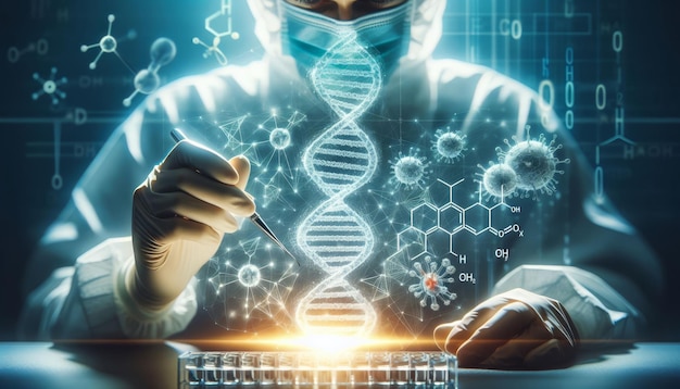 Científico en medicina de ensayo de bata de laboratorio que estudia la estructura del ADN la estructura molecular de una nueva enfermedad X