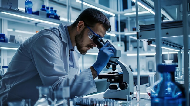 un científico mirando a través de un microscopio en un laboratorio