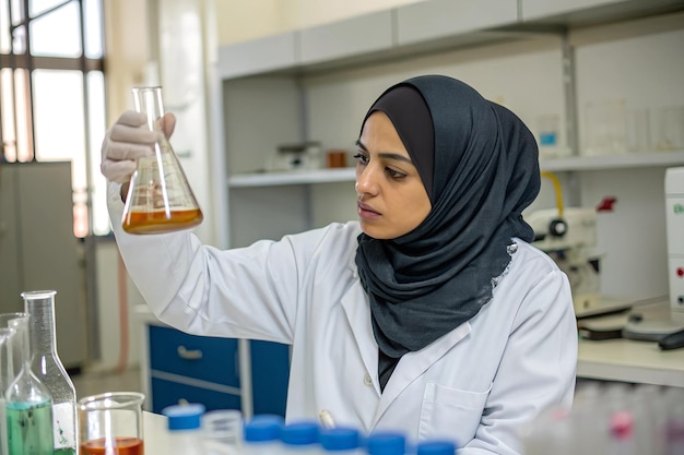 Científico musulmán mirando un tubo de ensayo en un laboratorio