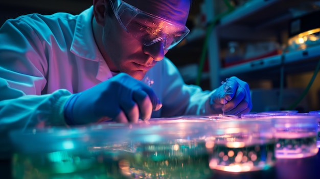 Científico observando el crecimiento de organismos sintéticos en laboratorio Avance en bioingeniería