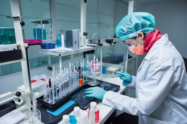 Foto científico pipeteando una muestra de sangre en el laboratorio