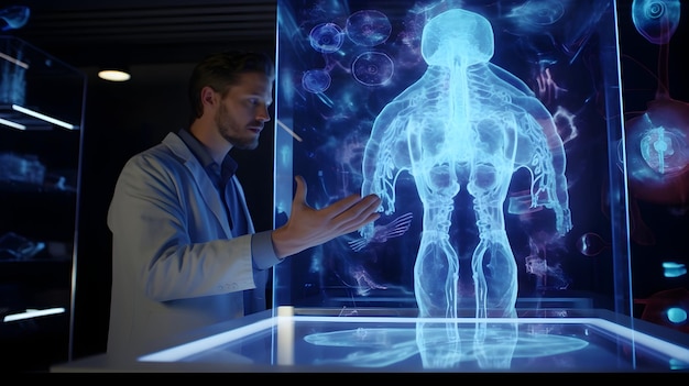 Un científico que demuestra una visualización holográfica de órganos vitales