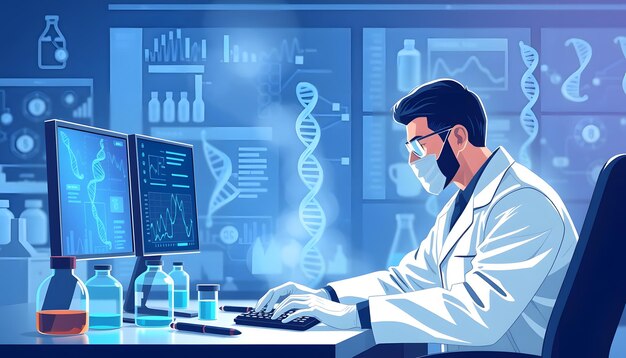 Científico que trabaja en software informático de biotecnología avanzada para estudiar o analizar datos de ADN después de