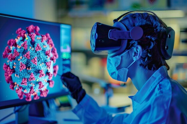 Foto científico que utiliza la realidad virtual para la interacción de modelos de virus 3d y la investigación de vacunas