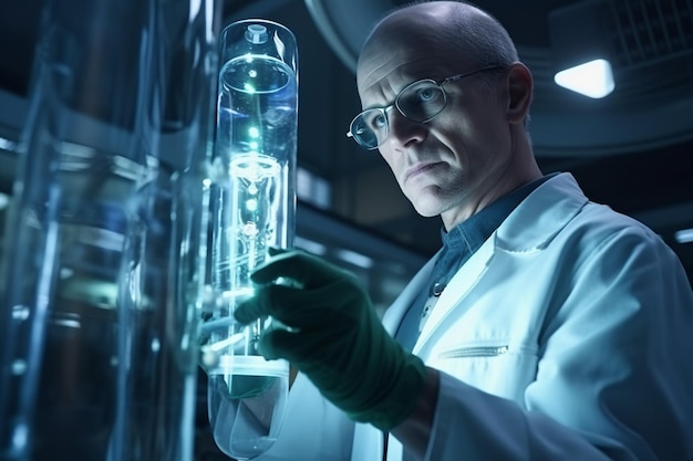 Científico serio con bata de laboratorio y guantes trabajando con reactivos en el laboratorio