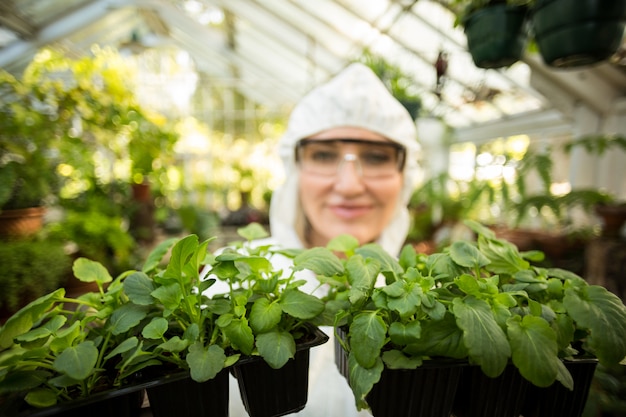 Científico de sexo femenino que sostiene las plantas en maceta