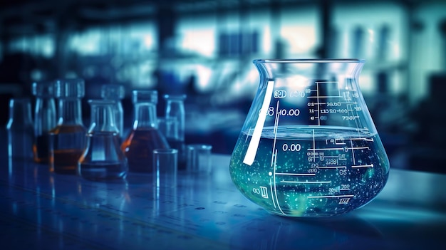 Científico sosteniendo un frasco con vidrio de laboratorio en el fondo del laboratorio químico