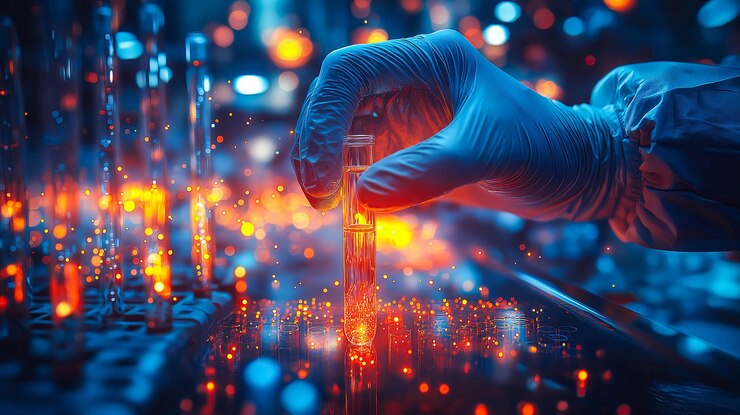 Un científico sostiene tubos o viales de pruebas médicas centrados en la investigación farmacéutica IA generativa