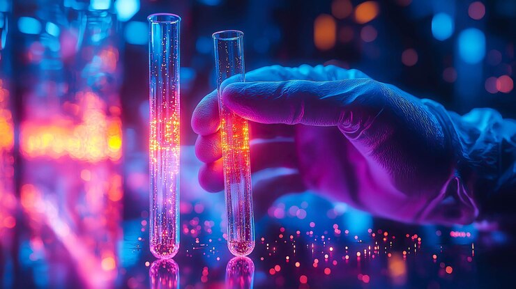 Un científico sostiene tubos o viales de pruebas médicas centrados en la investigación farmacéutica IA generativa