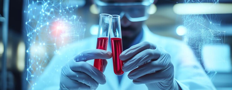 Un científico sostiene tubos o viales de pruebas médicas centrados en la investigación farmacéutica IA generativa