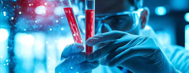 Un científico sostiene tubos o viales de pruebas médicas centrados en la investigación farmacéutica IA generativa