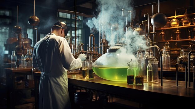 Científico trabaja en un laboratorio químico hombre lleva a cabo un estudio de investigación ai generado